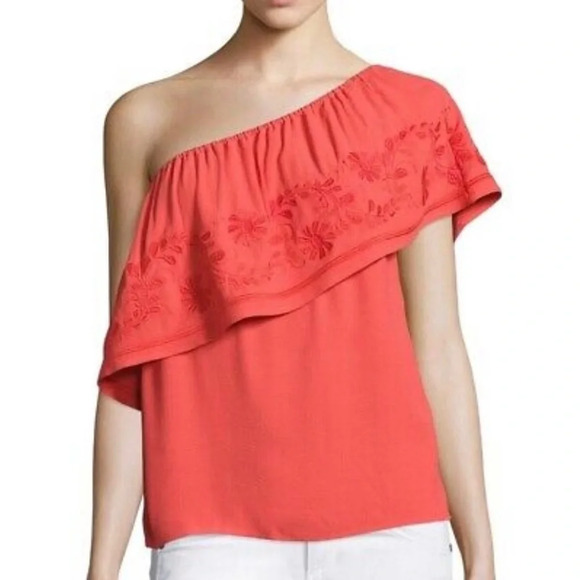 Rebecca Minkoff Rita One Shoulder Embroidered Coral Top Blouse Size Medium - Picture 1 of 8